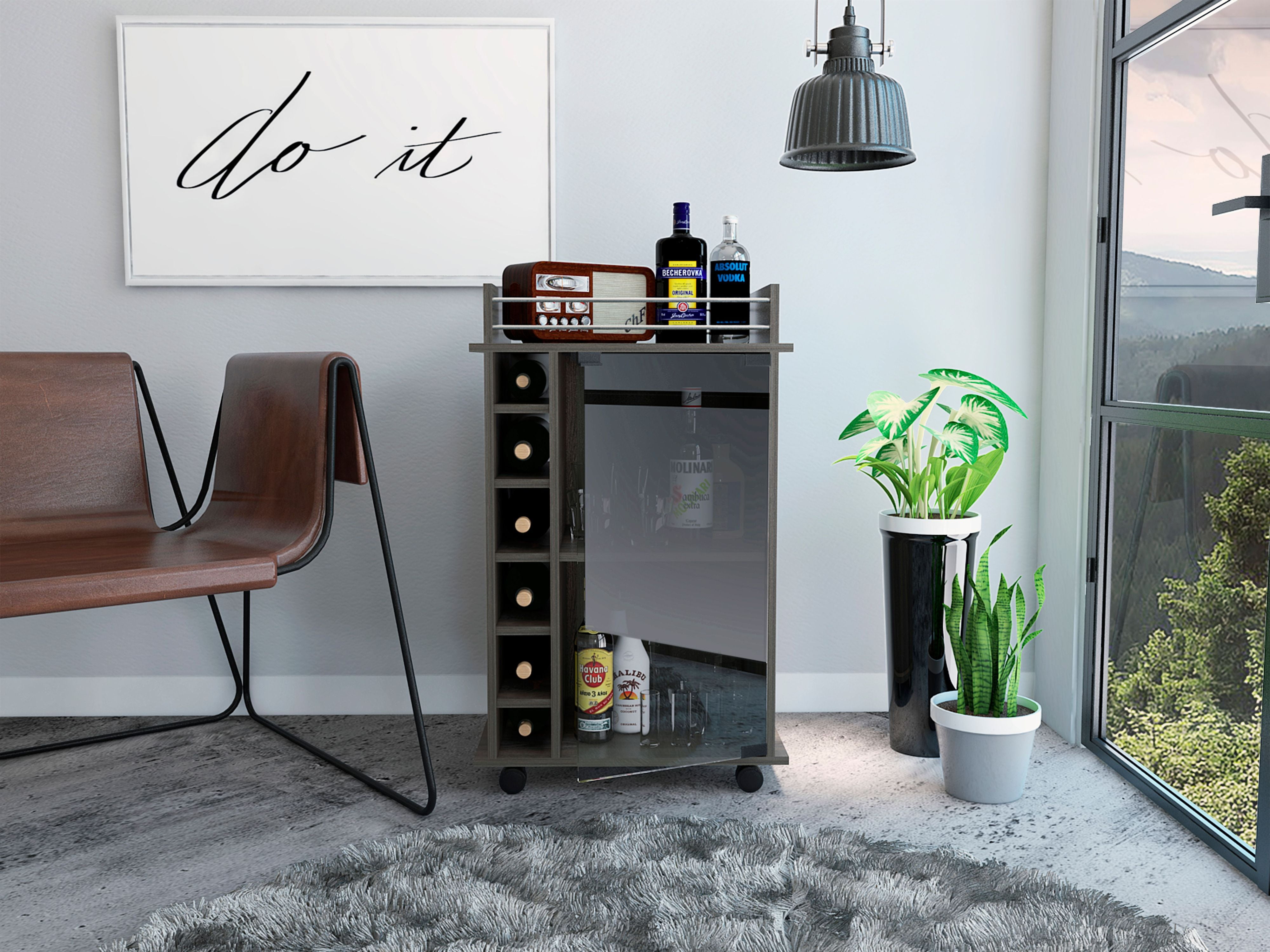 Espresso Modern Rectangular Bar Cart with Wine Rack and Storage