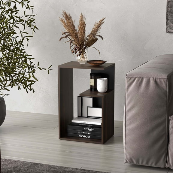 TUHOME Everet 25" High 3-Tier Shelf Side Table Dark Oak