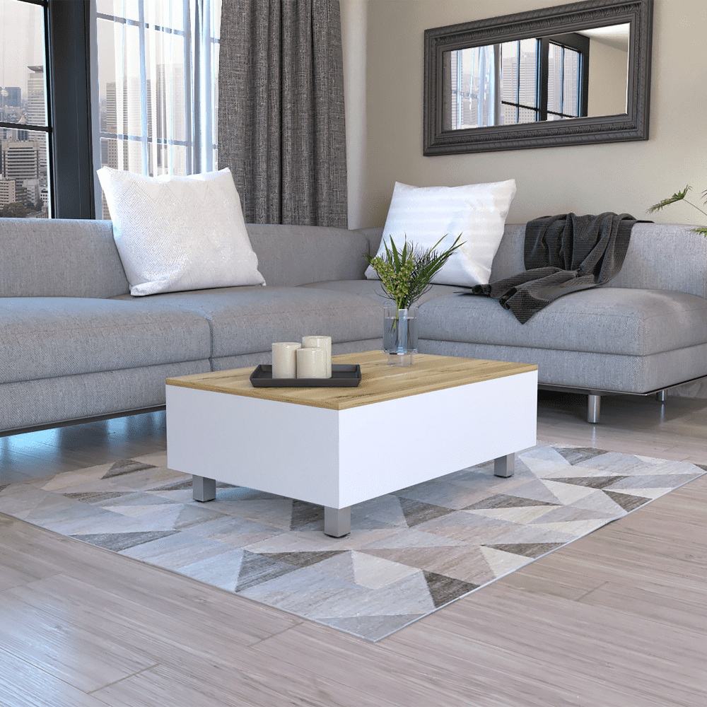 Modern Natural Wood Rectangular Lift-Top Coffee Table with Storage