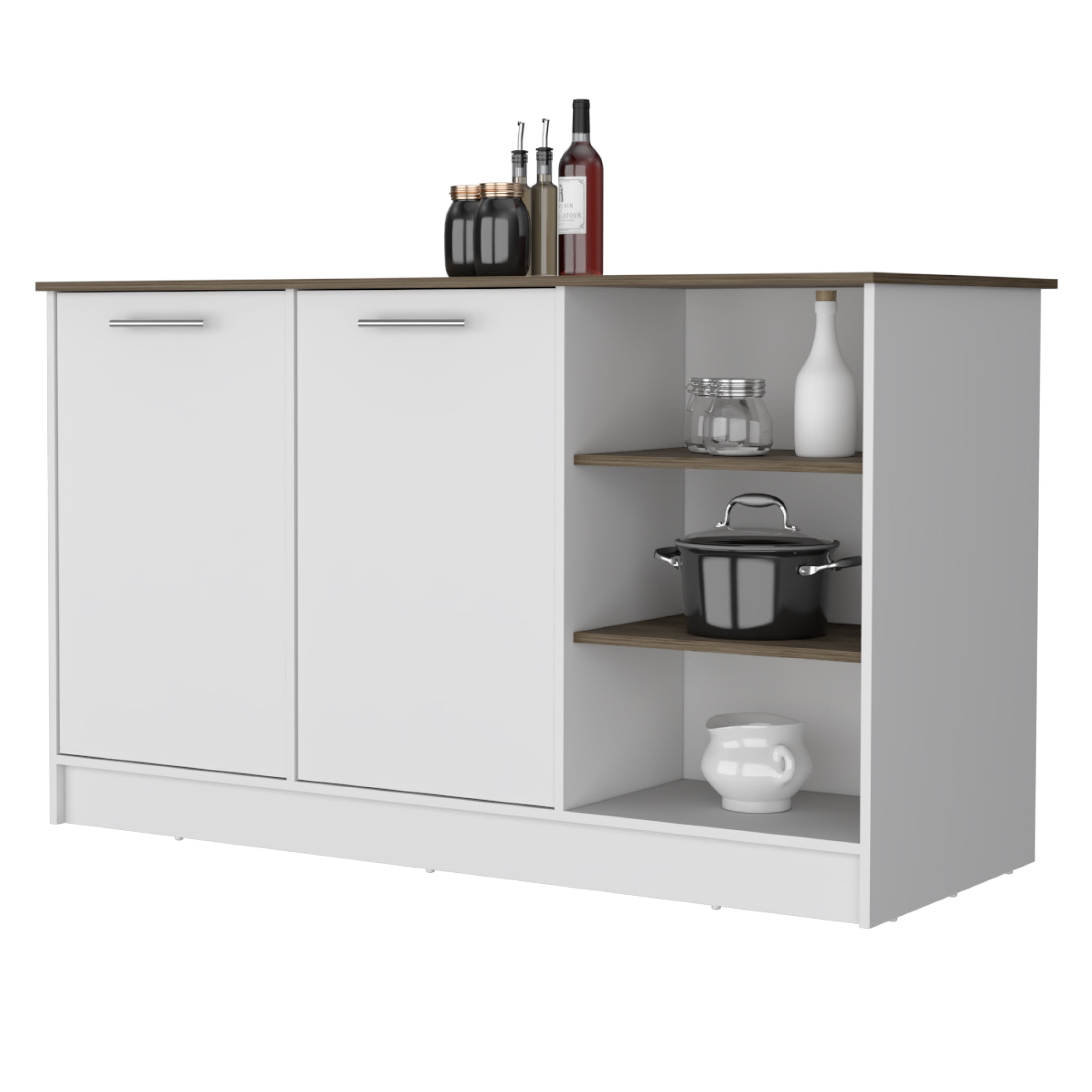 Ginger Kitchen Island, Three Open Shelves, Two Cabinets White / Dark Brown
