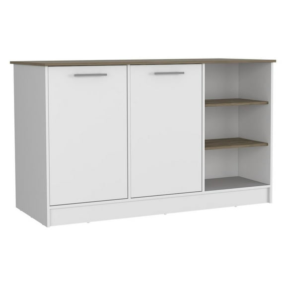 Ginger Kitchen Island, Three Open Shelves, Two Cabinets White / Dark Brown