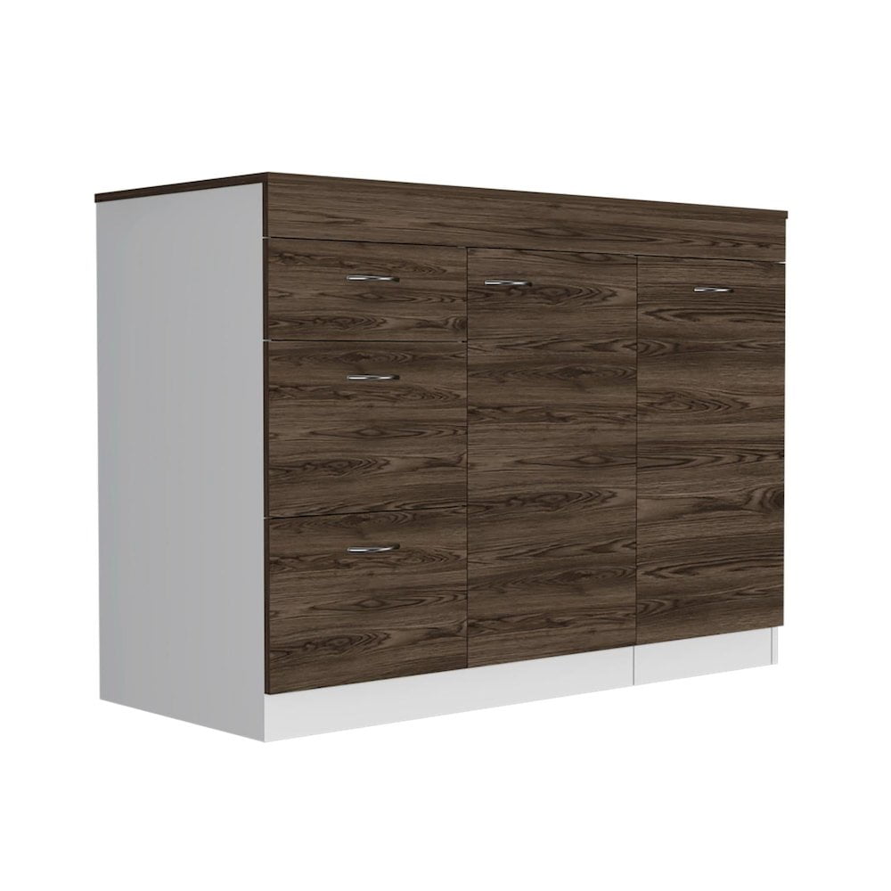 Grecia White and Dark Walnut Kitchen Base Cabinet with Drawers