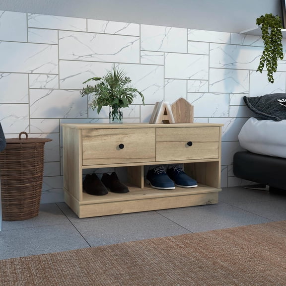 Hamilton Storage Bench, Two Open Shelves, Two Drawers Light Oak