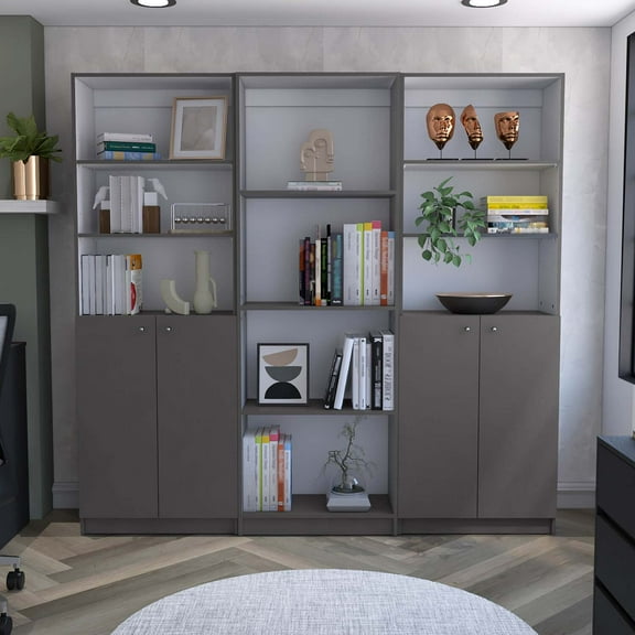 Hialeah 3 Piece Living Room Set with Home Bookcase + 2 Home 2-Door Bookcase, Matt Gray / White