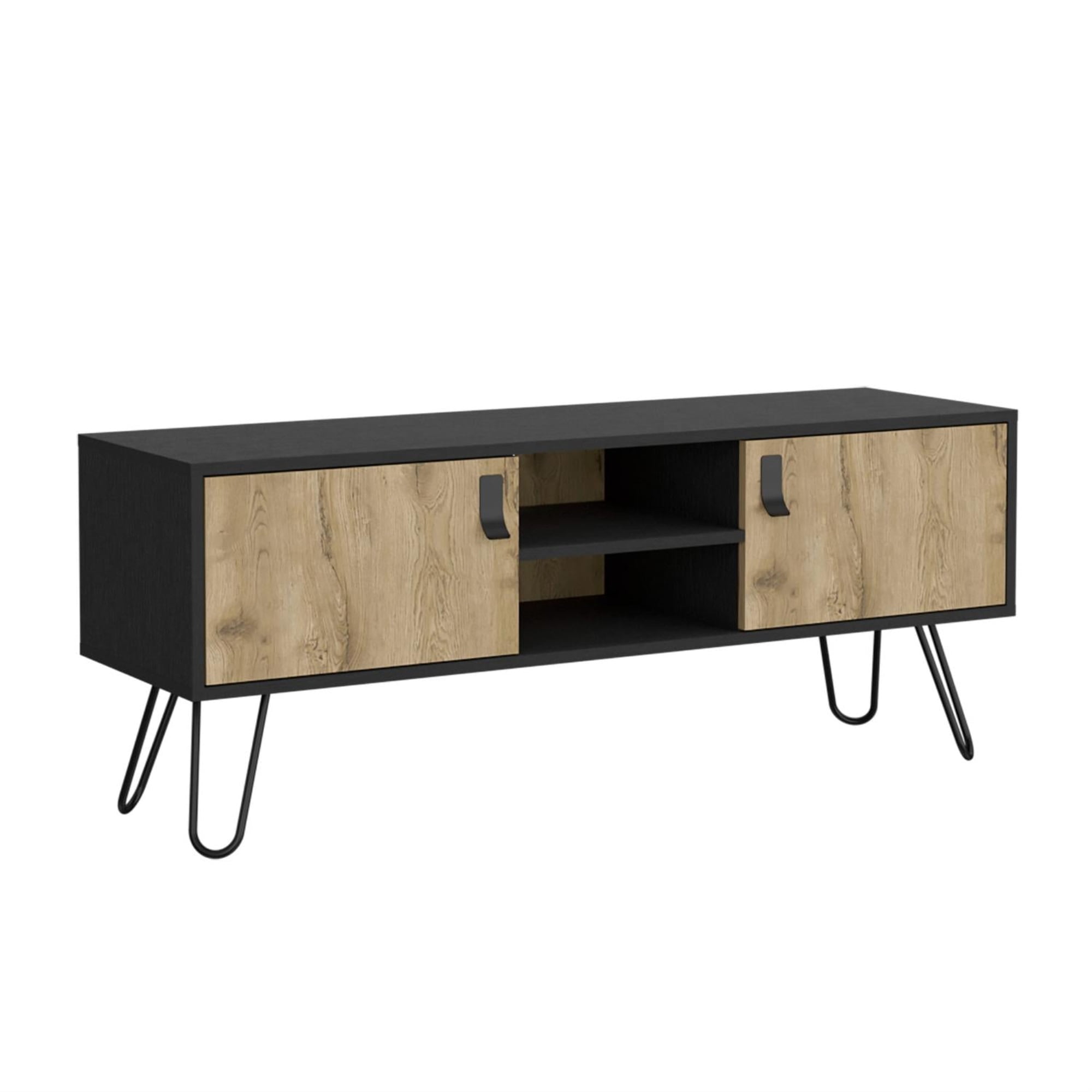 Black and Light Brown Engineered Wood TV Stand with Hairpin Legs