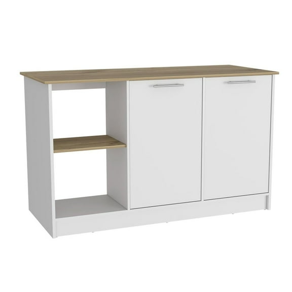 Juniper Kitchen Island with Large Top Surface, Double Door Cabinet, and Open Shelves White / Light Oak