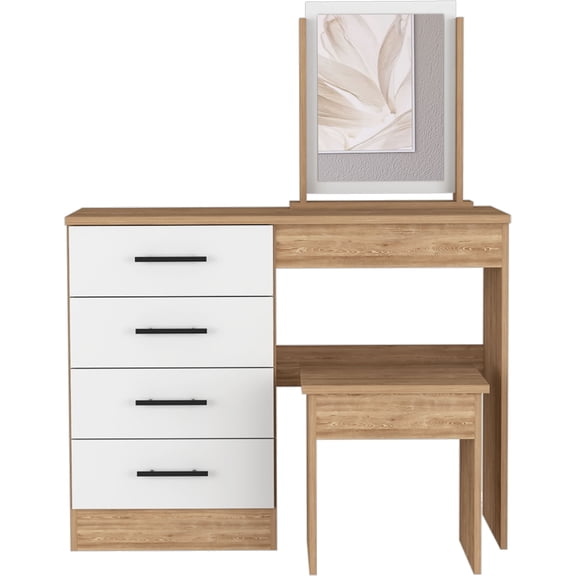 TUHOME Kaia Makeup Dressing Table with Mirror and 4 Drawers, Stool Included, White/ Pine