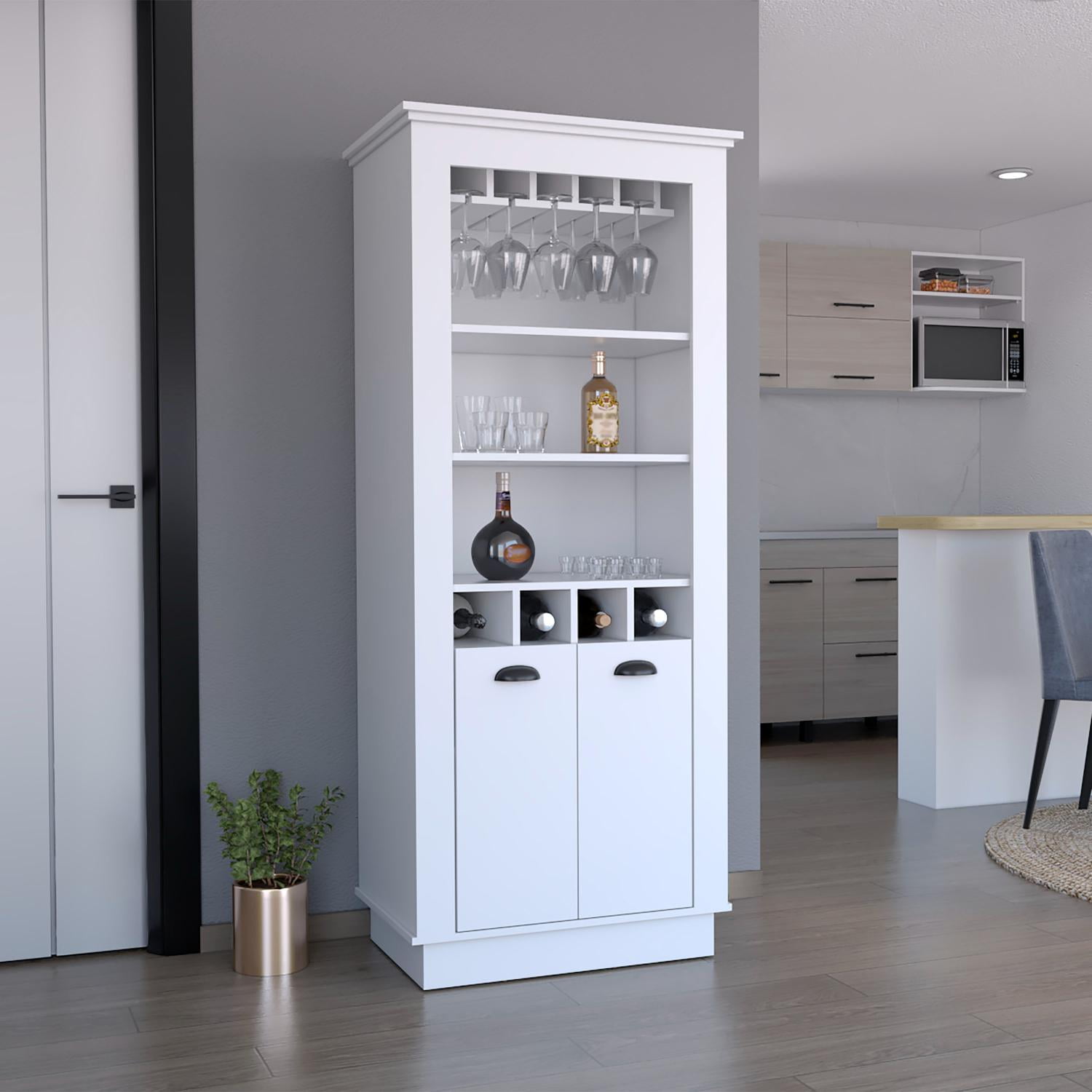 White Wibe Rack TUHOME Lafayette Bar Cabinet with 4-Bottle Wine Rack, Glass Holder and ...