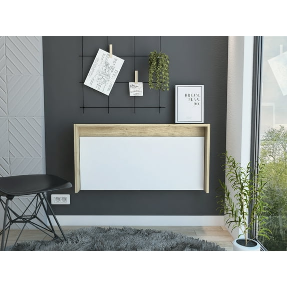 TUHOME London 20-inch Tall Wall-Mounted Floating Desk, Light Oak/ White