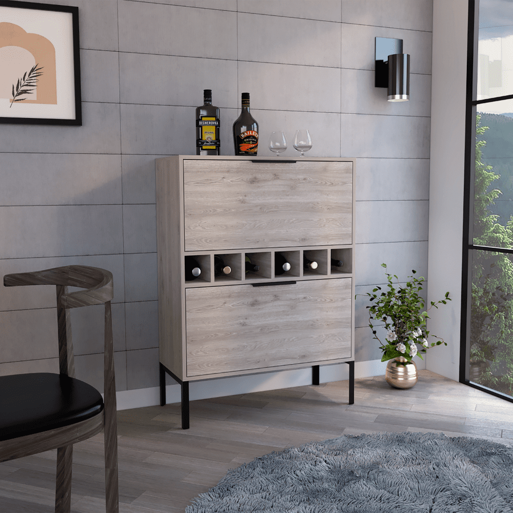 Gray Engineered Wood Bar Cabinet with Steel Legs