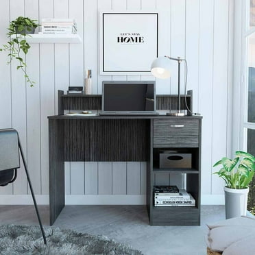 TUHOME Manaos Computer Desk ,Multiple Shelves, Countertop, One Drawer, Grey Oak, For Office