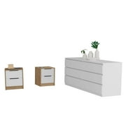 Milburn 3 Piece Bedroom Set, Asteria 6 Drawer Double Dresser + 2 Kaia Nightstands, White / Pine