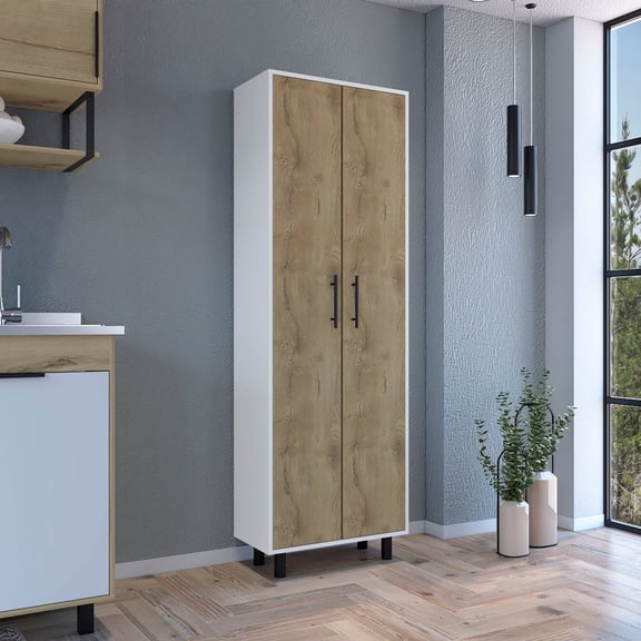 Napoles Multistorage Pantry Cabinet, 5 Interior Shelves, Metal Handle White / Macadamia