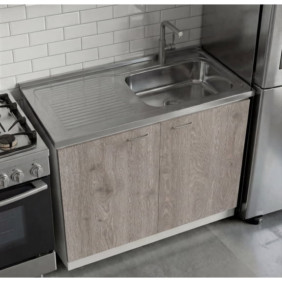 TUHOME Napoles Utility Sink Cabinet with Integrated Steel Sink, Double Door Storage