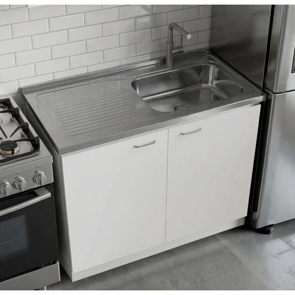 TUHOME Napoles Utility Sink Cabinet with Integrated Steel Sink, Double Door Storage