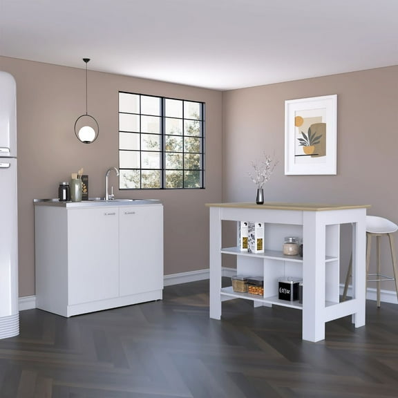 Phoenix 2 Piece Kitchen Set, Cala Kitchen Island + Napoles Utility Sink, White /Light Oak
