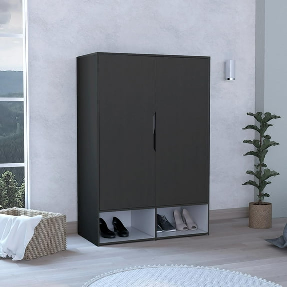 Rosie Armoire, Two Open Shelves, Double Door, Five Shelves, Hanging Rod Black / White
