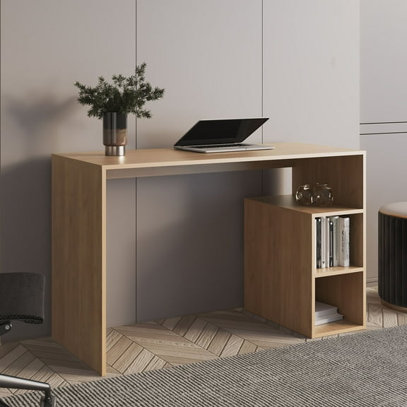 TUHOME Solid Wide Writing Desk with 3 side Open Storage Shelves, Top Workspace, Freestanding