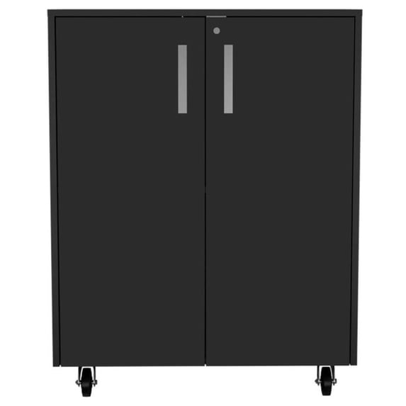 Storage Cabinet, Casters, Double Door, Two Interior Shelves Black