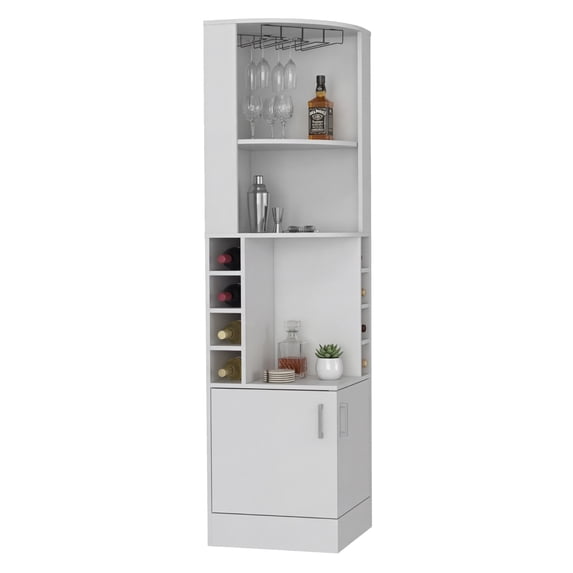 Syrah Corner Bar Cabinet, Eight Bottle Cubbies, Double Door, Two Open Shelves White