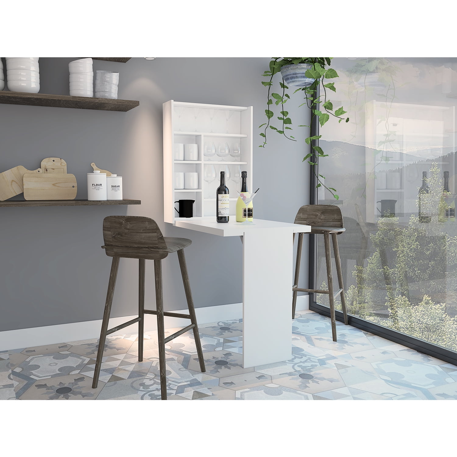 White Foldable Wall-Mounted Desk with Shelves