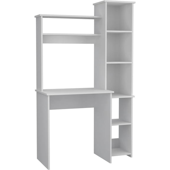 TUHOME Versailles Writing Desk with Integrated Bookcase 2 Upper Display Shelves & 5‑Tier Side Storage,Space‑Saving Office Computer Table,Sturdy Particleboard Construction, Easy Assembly, White Finish
