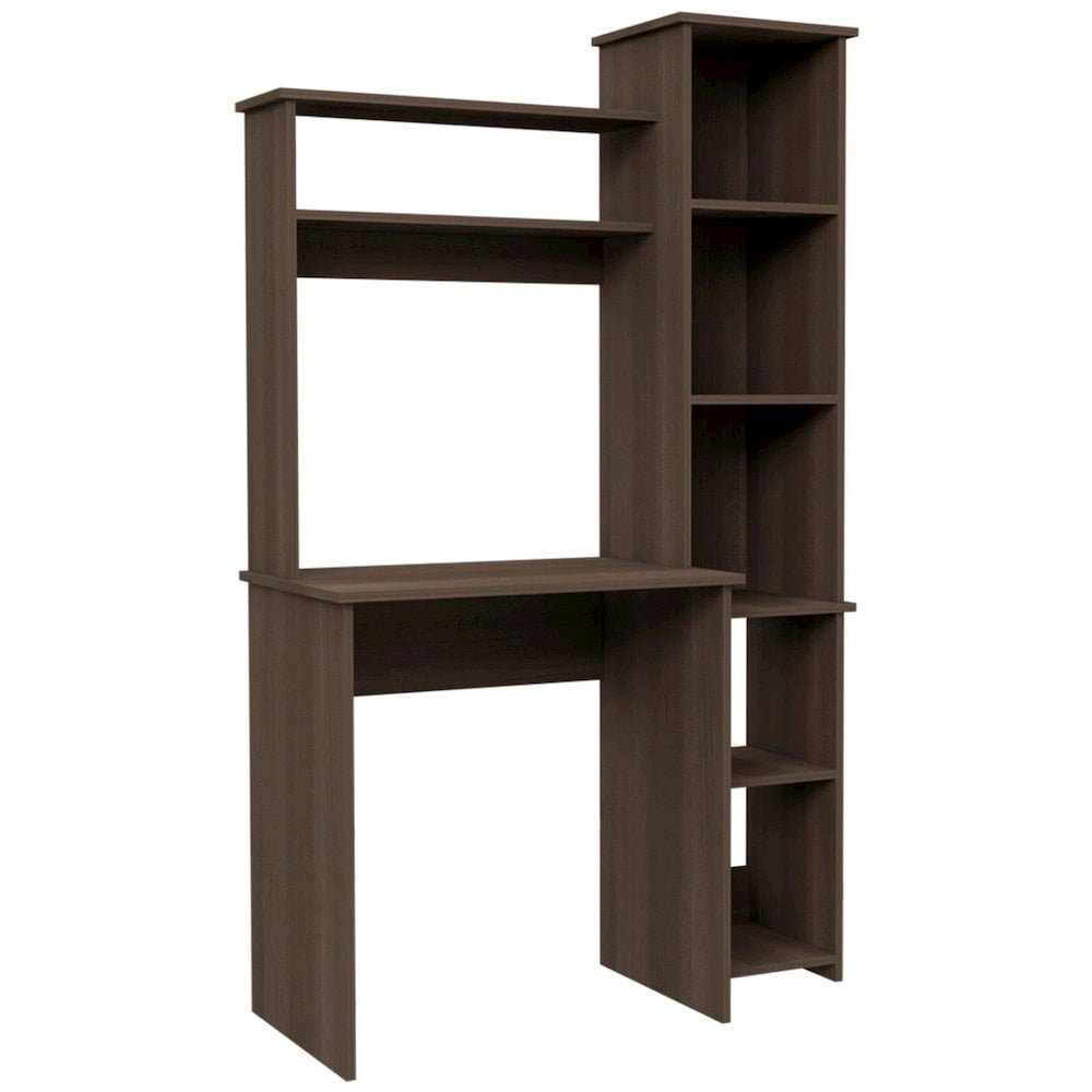 Smokey Oak Gray Engineered Wood Desk with Keyboard Tray and Shelves