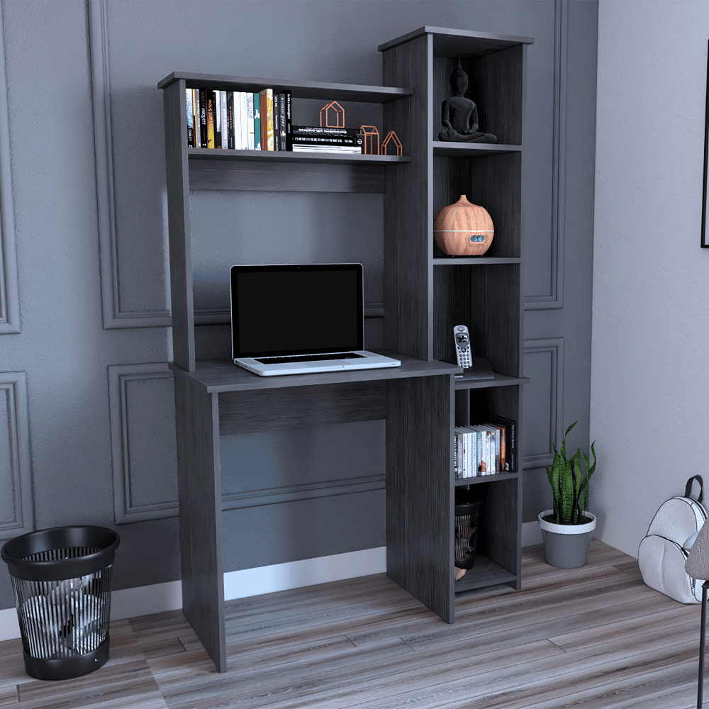 Smokey Oak Gray Engineered Wood Desk with Keyboard Tray and Shelves