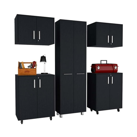 Wooster 5 Piece Garage Set, 2 Storage Wall Cabinets + 2 Storage Cabinets + Baleare Pantry Cabinet, Black