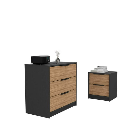 Zion 2 Piece Bedroom Set, Kaia 3 Drawers Dresser + Kaia Nightstand, Black / Pine