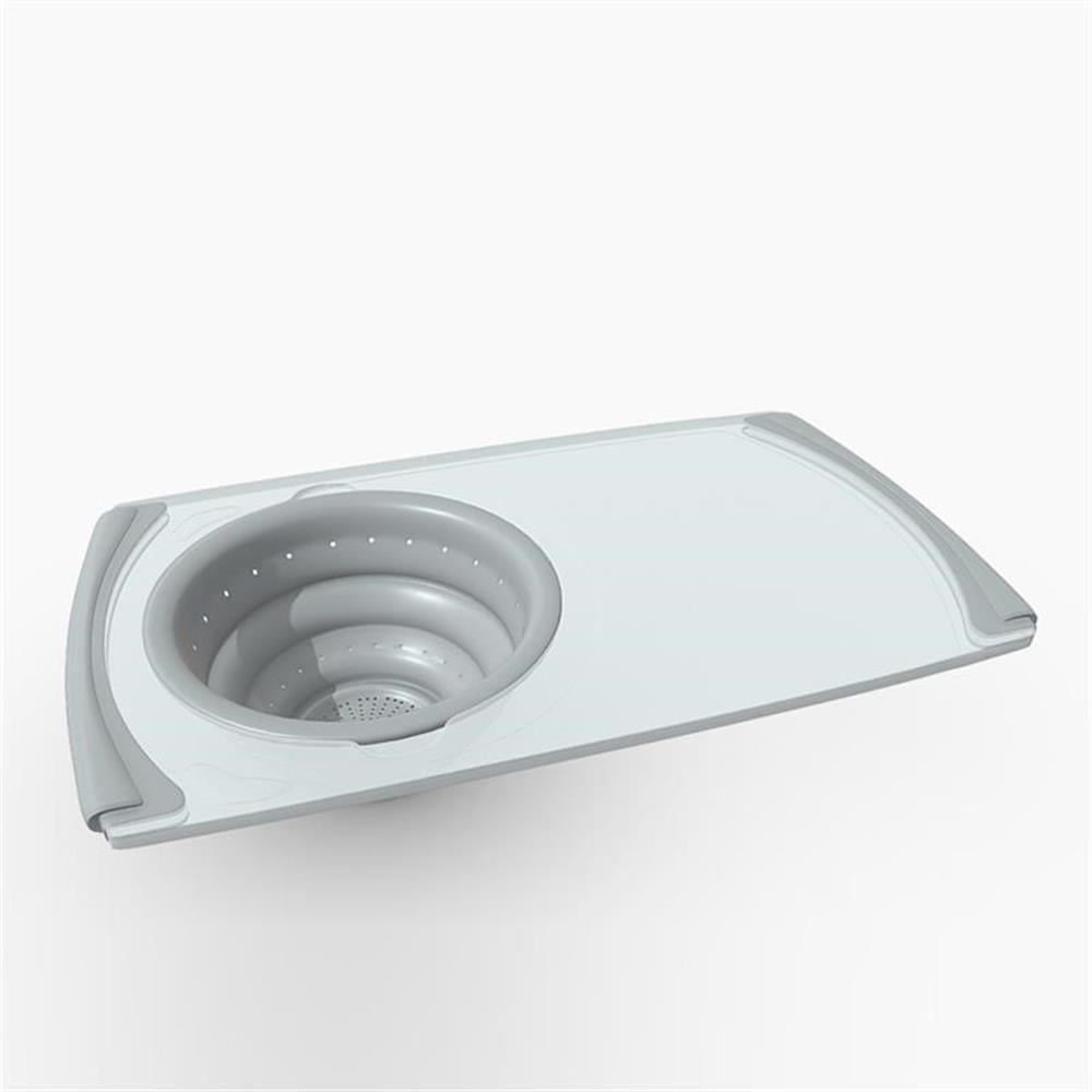 White and Grey Plastic Cutting Board with Built-In Strainer
