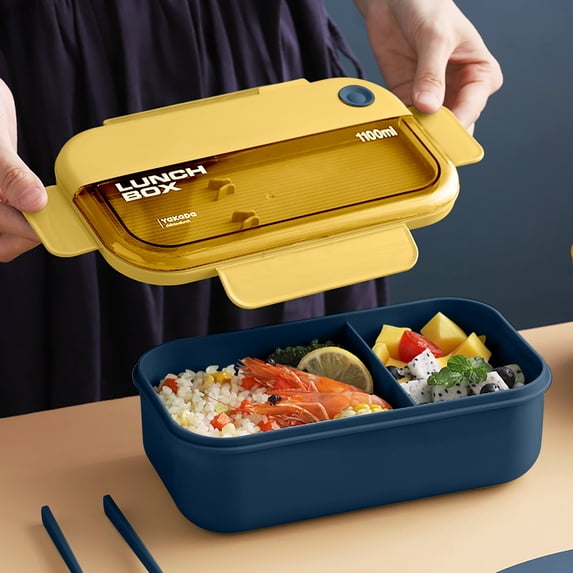 TUITOONM 2-Compartment Bento Lunch Box with Built-In Reusable Spoon and Fork, Leakproof Food Container with Secure Latches, Microwave-Safe Meal Prep Box for Adults 37.2oz