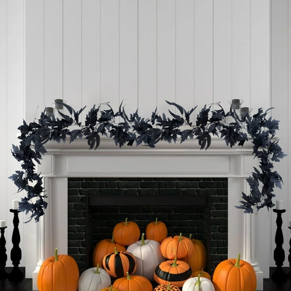 TUITOONM 6FT Halloween Black Maple Leaf Vine Garland Spooky Artificial Foliage for Mysterious Party Decor, Doorway, Fireplace & Staircase Decoration