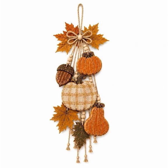 TUITOONM Artificial Fall Pumpkin Hanging Swag 1.7FT, Farmhouse Wall Decor with Maple Leaves Acorn for Door Mantel Thanksgiving Harvest