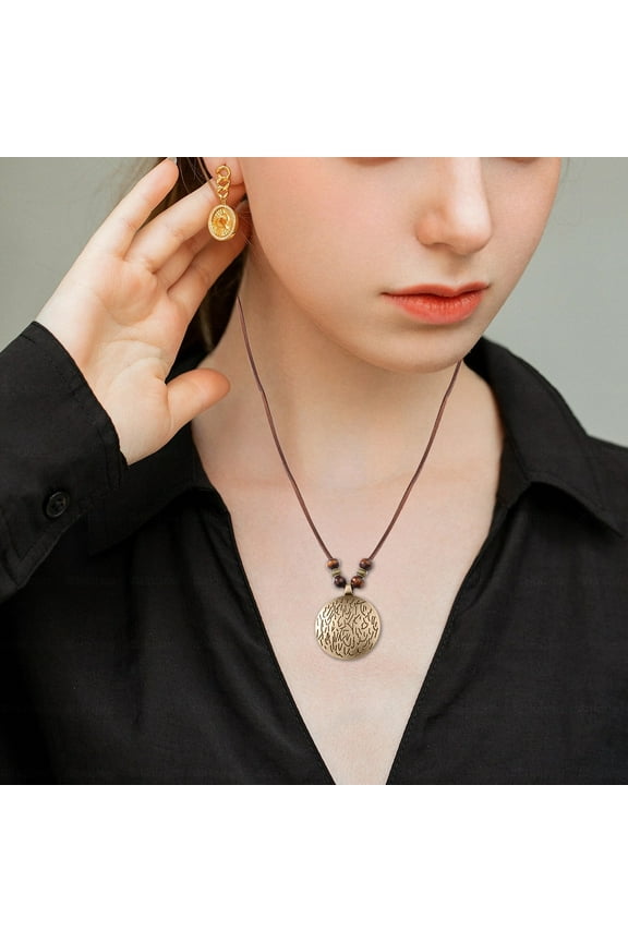 Boho Necklaces For Women Long Wooden Pendant Vintage Necklace Sweater Chain Handmade Jewelry, 1.57in Round Alloy Charm on Soft Suede Cord, Lightweight 0.04lb, Chic Bohemian Gift