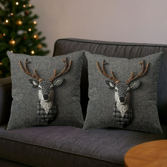 TUITOONM Christmas Pillow Cover Gray Reindeer Pattern Modern Holiday Decor Soft Pillowcase with Tan Bow Tie Design Cozy Home Accent for Living Room Bedroom