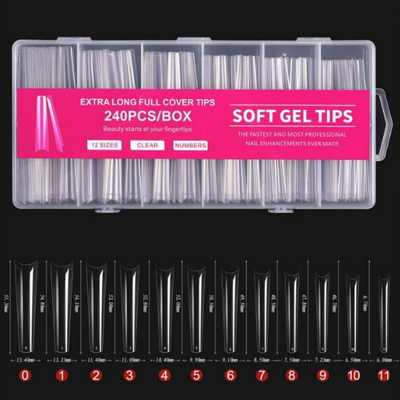TUITOONM Extra Long False Nails Set 240Pcs Water Pipe Nails with 12 Sizes, Professional Fake Nails for Women, Strong & Lightweight for Daily or Party Wear