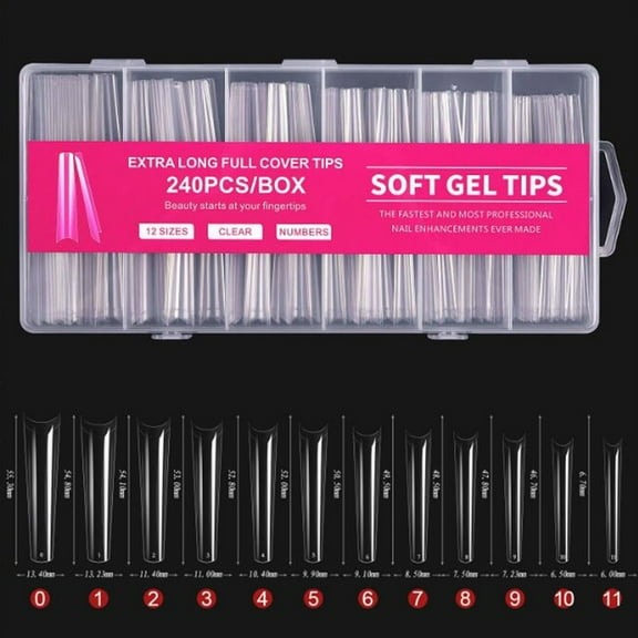 TUITOONM Extra Long False Nails Set 240Pcs Water Pipe Nails with 12 Sizes, Professional Fake Nails for Women, Strong & Lightweight for Daily or Party Wear