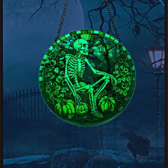 TUITOONM Hanging Sign Glow in The Dark Wall Decor Halloween Luminous Spooky Ghost Skull Skeleton Acrylic Window Hanging Ornament for Living Room Kitchen Skull Hanging Sign Decoration