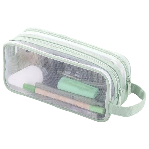 TUITOONM Multi Layer Clear Mesh Pencil Pouch Double Zipper Side Carry Handle Large Storage for Office Artist Travel Makeup for Adult Users