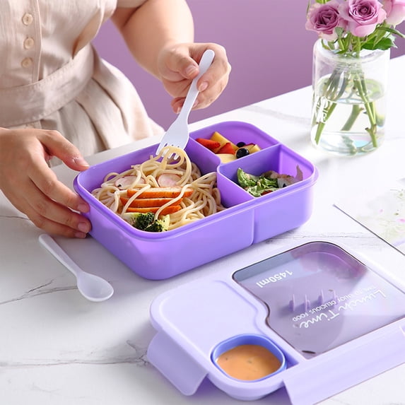 TUITOONM Purple 3-Compartment Adult Lunch Box 1450ml with Spoon and Fork Leakproof Seal Microwave Safe Food Container BPA-Free Plastic Portable Bento Box for Meal Prep 49.03oz