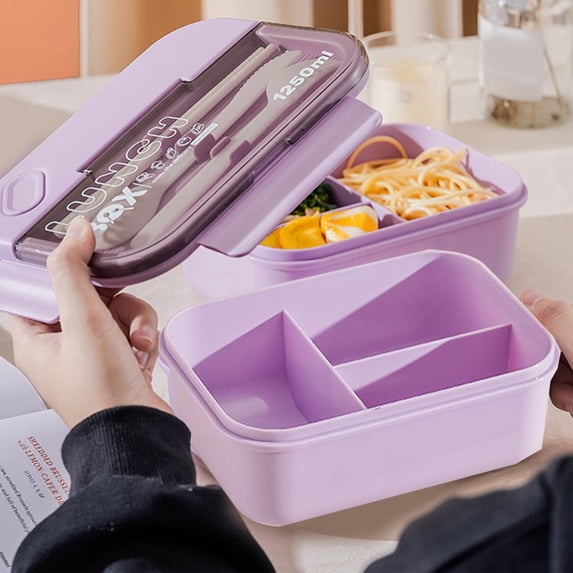 TUITOONM Purple Large 3-Compartment Lunch Box with Leakproof Lid Cutlery Set Included Portable Bento Container for Adults Meal Prep Food Storage Container Microwave Safe 24.27oz