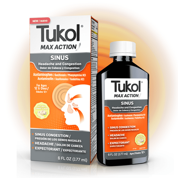TUKOL Max Action Sinus Congestion & Headache Relief, Expectorant, Non-Drowsy, Natural Ginger Flavor, 6 Fluid Ounces