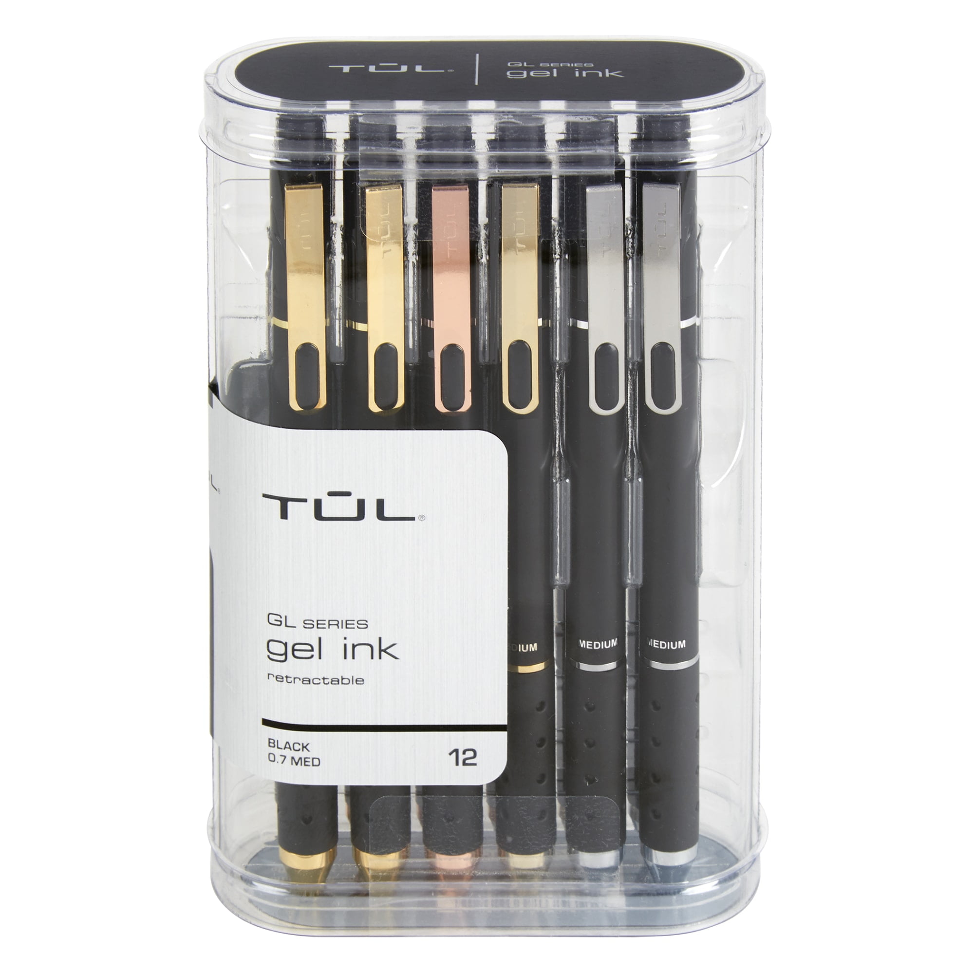 TUL GL Series Retractable Gel Pens, Medium Point, 0.7 mm, Black Barrel, Black Ink, Pack of 12 Pens