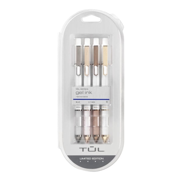 TUL GL Series Retractable Gel Pens - 1.0mm Bold Point, Silver Barrel, Blue Ink, 4-Pack