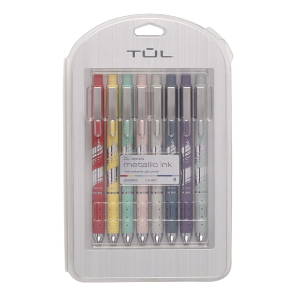 TUL GL Series Retractable Gel Pens, Medium Point, 0.8 mm, Assorted Barrel Colors With Silver Brushed Foil, Assorted Metallic Inks, Pack Of 8 Pens