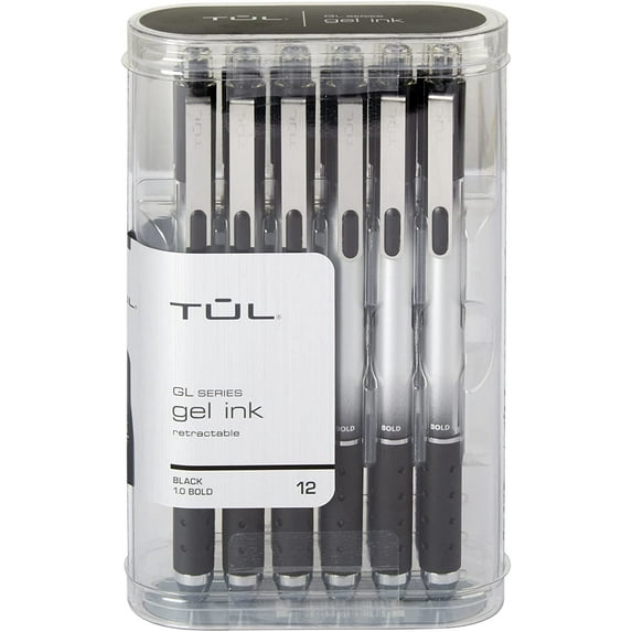 TUL® GL SeriesRetractable Gel Pens, Bold Point, 1.0 mm, Silver Barrel, Black Ink, Pack Of 12 Pens