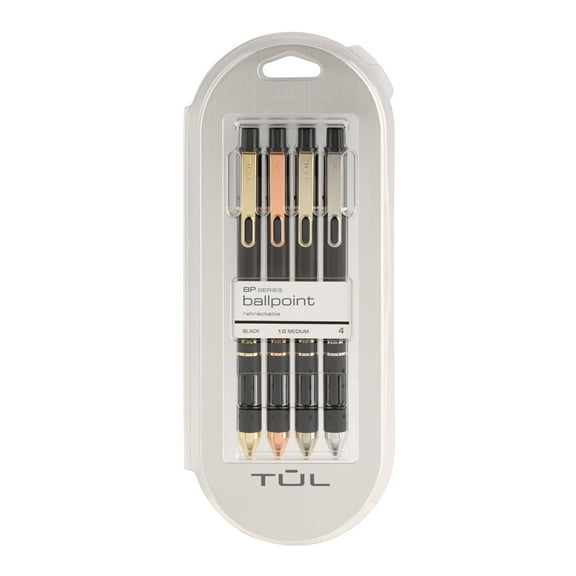 TUL BP Series Retractable Ballpoint Pens, Mixed Metals, Medium Point, 1.0 mm, Black Barrel, Black Ink, Pack Of 4 Pens