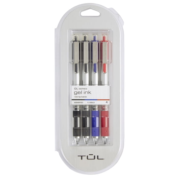 TUL GL Series Retractable Gel Pens, Bold Point, 1.0 mm, Silver Barrel, Assorted Inks, Pack Of 4 Pens