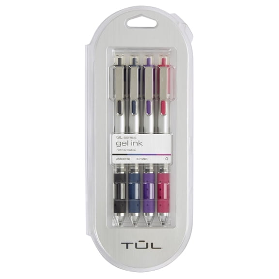TUL Retractable Gel Pens, Medium Point, 0.7 mm, Silver Barrel, Assorted Inks, Pack Of 4 Pens